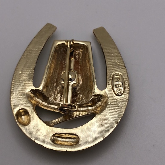 B.J. VTGHorseshoe St. Patrick's Day Green Rhinestones, Enamel & Gold tone Pin - Picture 3 of 7